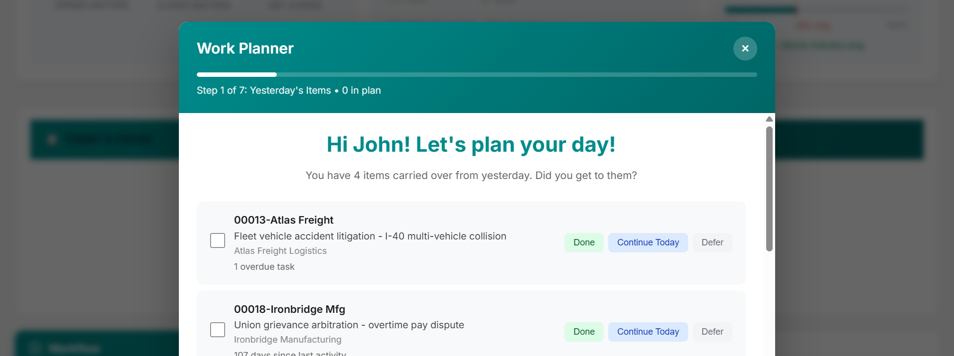 Work Planner guided wizard greeting the user and reviewing yesterday's items with Done, Continue Today, and Defer actions.